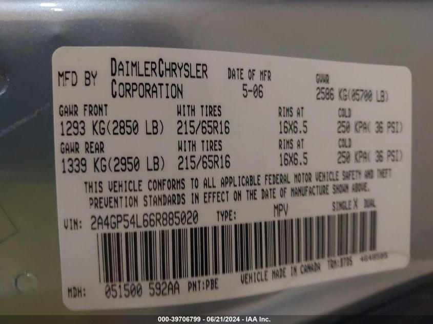2006 Chrysler Town & Country Touring VIN: 2A4GP54L66R885020 Lot: 39706799