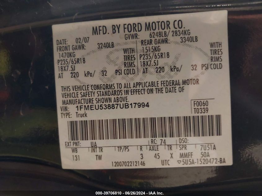 2007 Ford Explorer Sport Trac Limited VIN: 1FMEU53887UB17994 Lot: 39706810