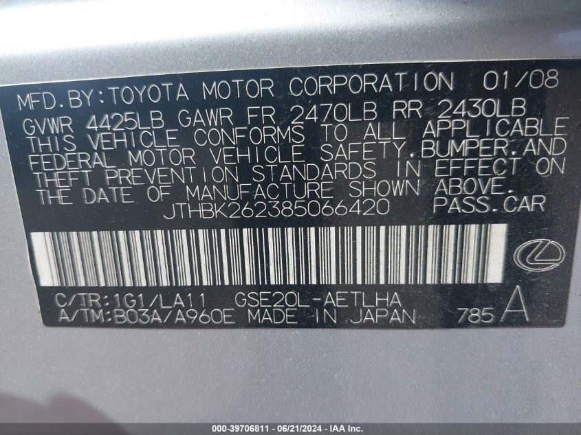 2008 Lexus Is 250 VIN: JTHBK262385066420 Lot: 39706811