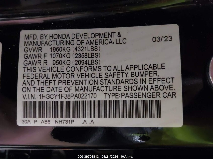 2023 HONDA ACCORD 1.5L I4   N(VIN: 1HGCY1F38PA022170