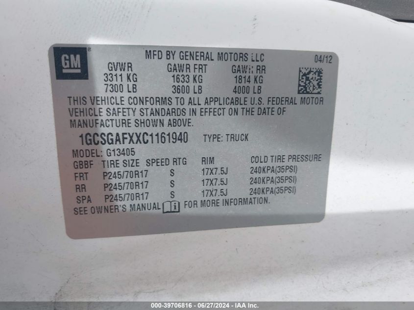 2012 Chevrolet Express 1500 Work Van VIN: 1GCSGAFXXC1161940 Lot: 39706816