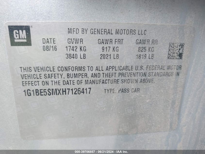 2017 Chevrolet Cruze Lt VIN: 1G1BE5SMXH7126417 Lot: 39706857