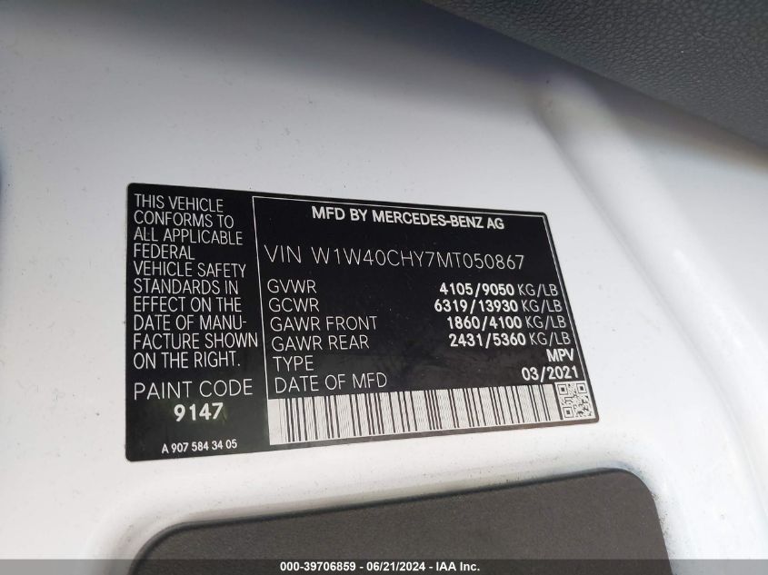 2021 MERCEDES-BENZ SPRINTER 2500 2.0L I4 FI DOHC 16V (VIN: W1W40CHY7MT050867
