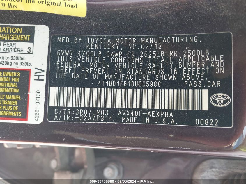 2013 Toyota Avalon Hybrid Limited VIN: 4T1BD1EB1DU005988 Lot: 39706860