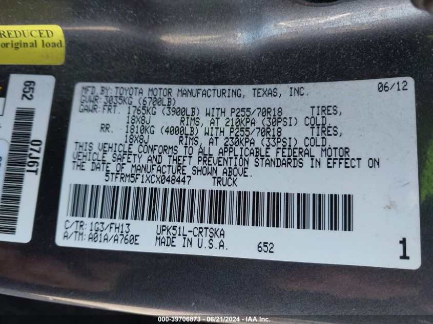 2012 Toyota Tundra Grade 4.6L V8 VIN: 5TFRM5F1XCX048447 Lot: 39706873