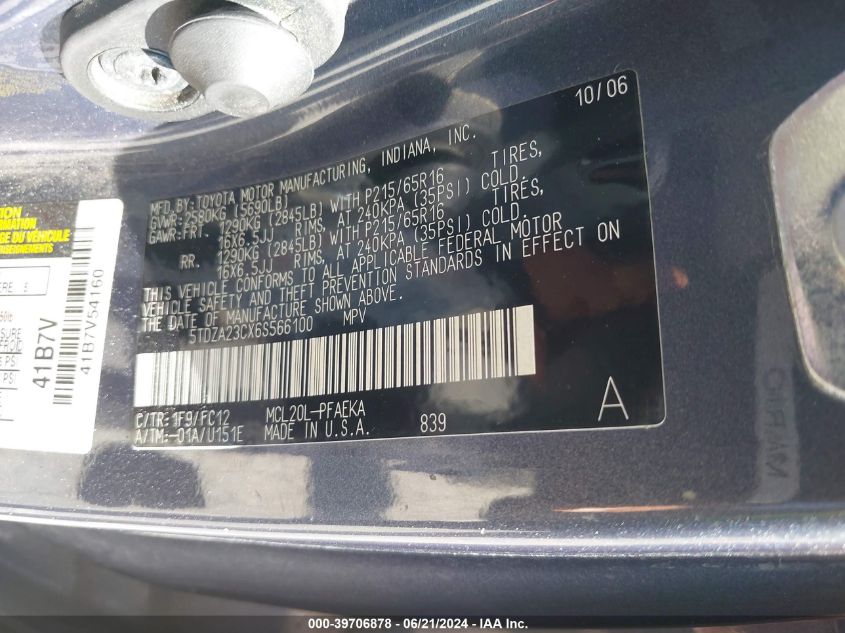 2006 Toyota Sienna Le VIN: 5TDZA23CX6S566100 Lot: 39706878