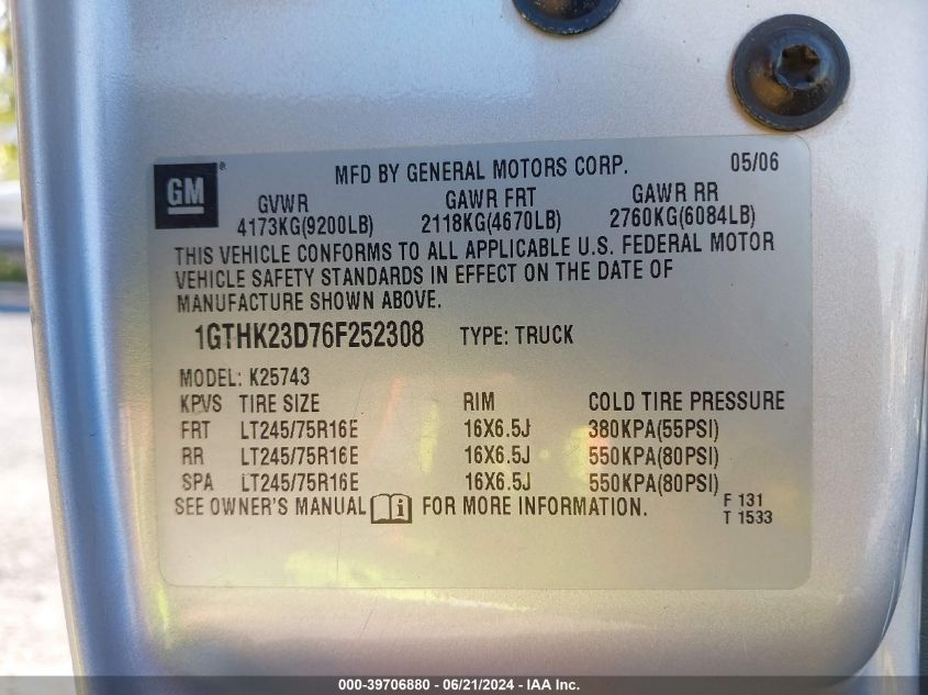 2006 GMC Sierra K2500 Heavy Duty VIN: 1GTHK23D76F252308 Lot: 39706880