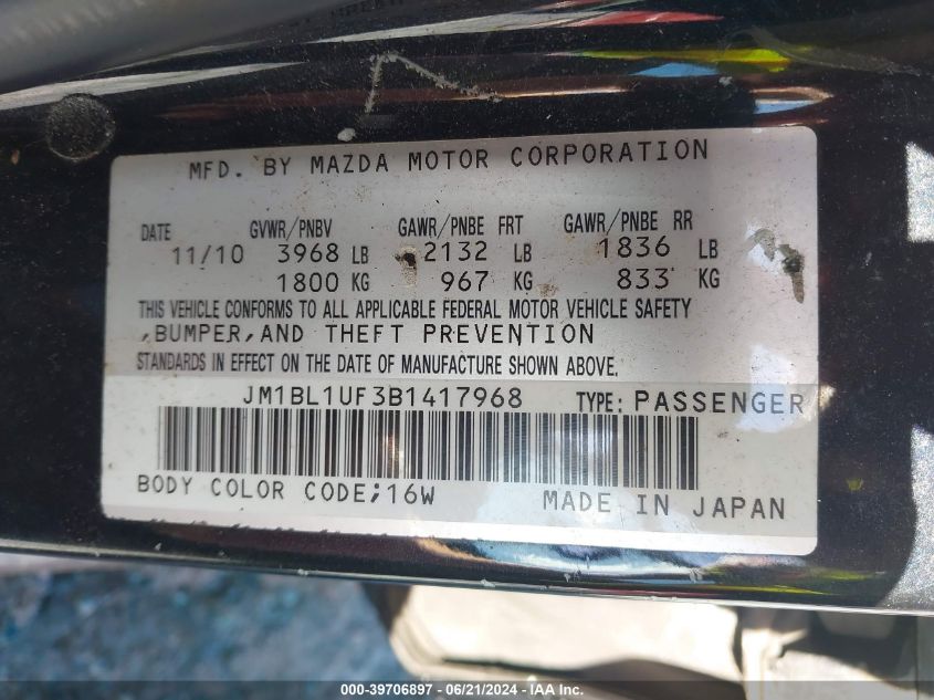 2011 Mazda Mazda3 I Sport VIN: JM1BL1UF3B1417968 Lot: 39706897