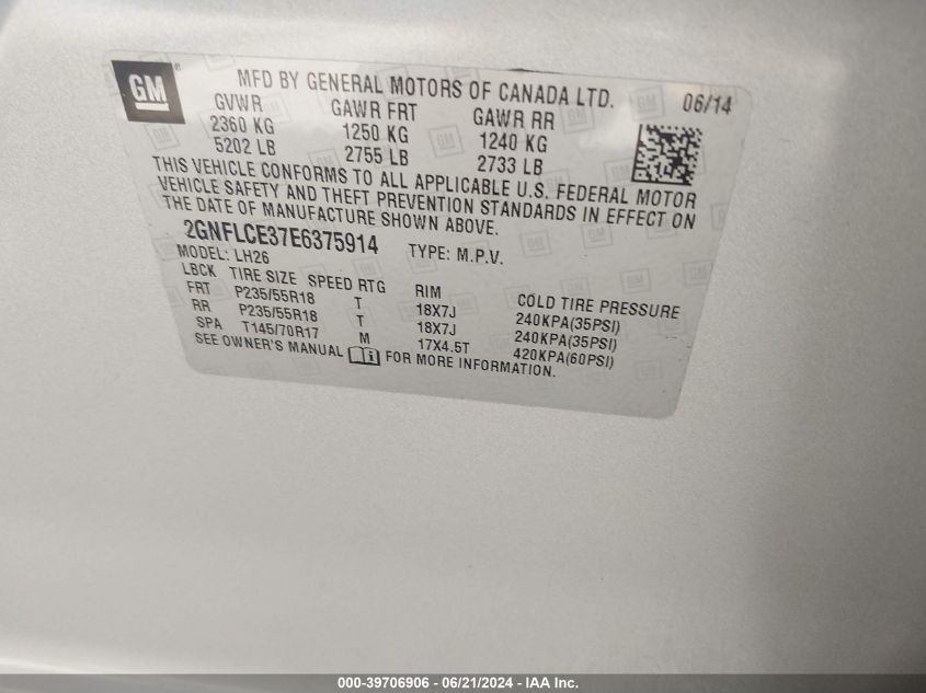 2014 Chevrolet Equinox 2Lt VIN: 2GNFLCE37E6375914 Lot: 39706906