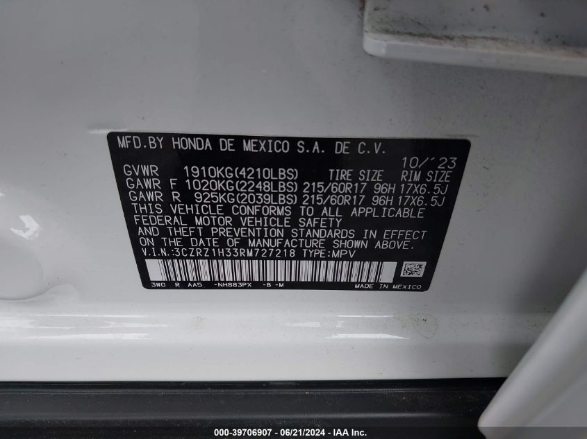 2024 Honda Hr-V 2Wd Lx VIN: 3CZRZ1H33RM727218 Lot: 39706907