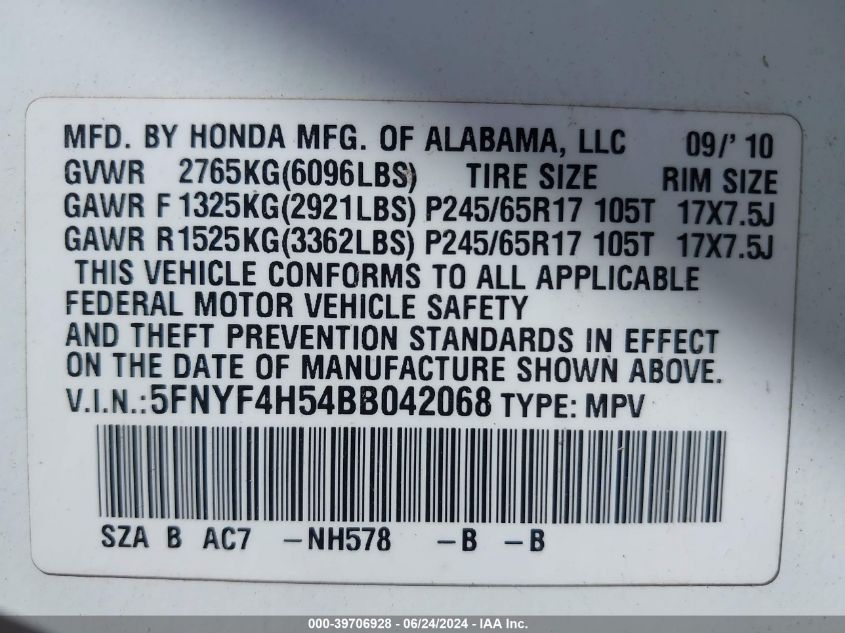 2011 Honda Pilot Ex-L VIN: 5FNYF4H54BB042068 Lot: 39706928
