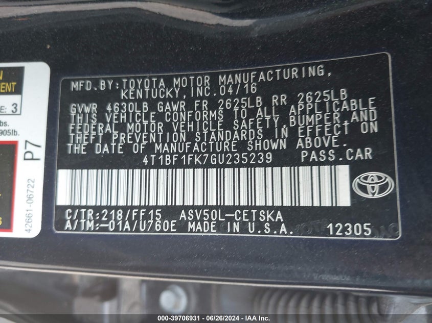 2016 Toyota Camry Se VIN: 4T1BF1FK7GU235239 Lot: 39706931