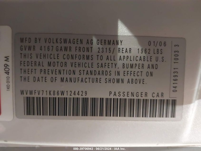 2006 Volkswagen Gti 2-Door VIN: WVWFV71K86W124429 Lot: 39706943