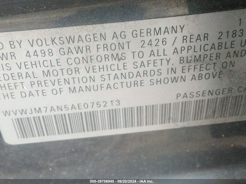 2010 Volkswagen Passat Komfort VIN: WVWJM7AN5AE075213 Lot: 39706945