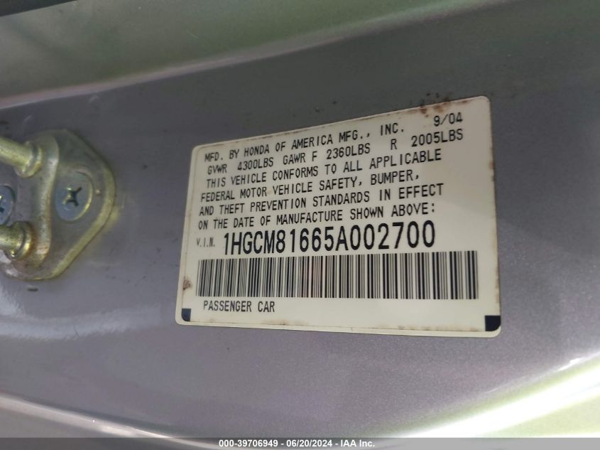 1HGCM81665A002700 | 2005 HONDA ACCORD