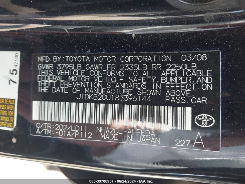 2008 Toyota Prius VIN: JTDKB20U183396144 Lot: 39706957