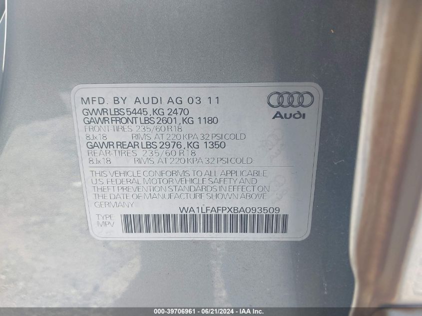2011 Audi Q5 2.0T Premium VIN: WA1LFAFPXBA093509 Lot: 39706961