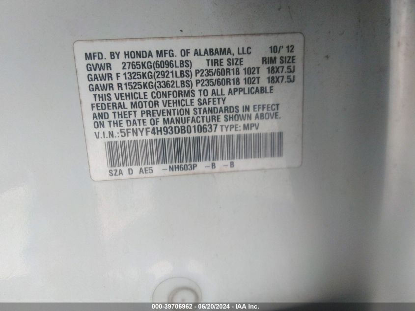 2013 Honda Pilot Touring VIN: 5FNYF4H93DB010637 Lot: 39706962