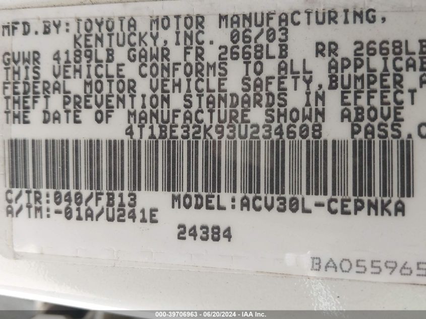 2003 Toyota Camry Le VIN: 4T1BE32K93U234608 Lot: 39706963