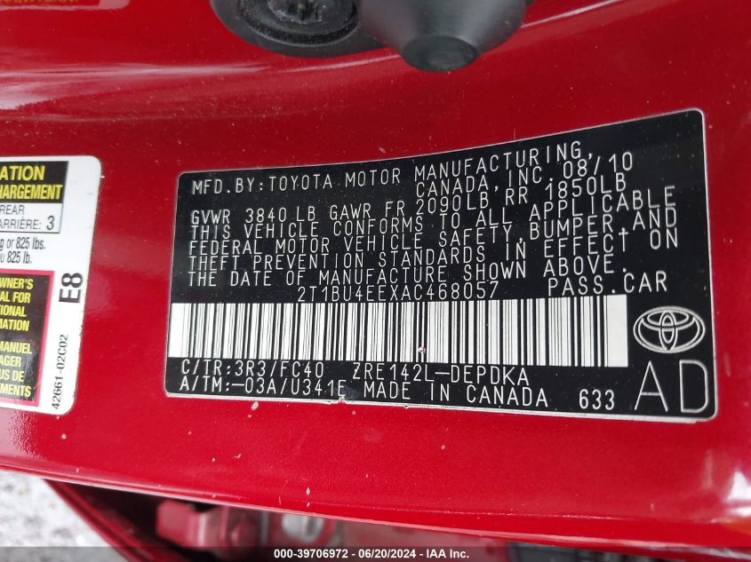 2010 Toyota Corolla Le VIN: 2T1BU4EEXAC468057 Lot: 39706972