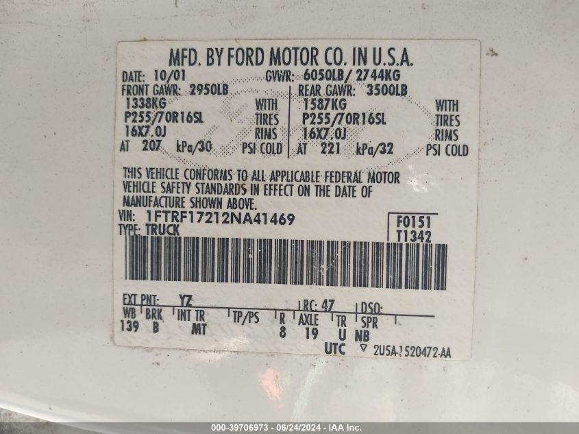 2002 Ford F-150 Xl/Xlt VIN: 1FTRF17212NA41469 Lot: 39706973