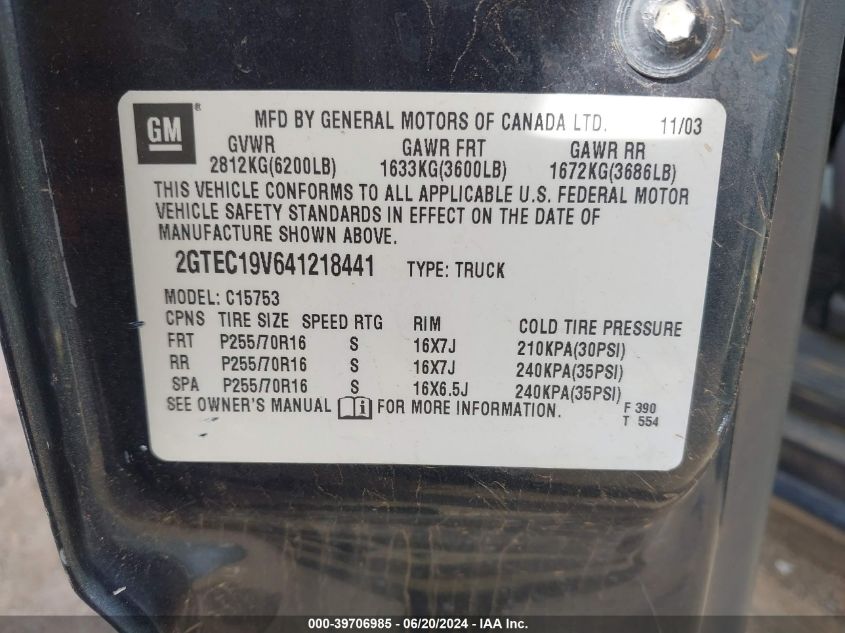 2004 GMC Sierra 1500 Sle VIN: 2GTEC19V641218441 Lot: 39706985