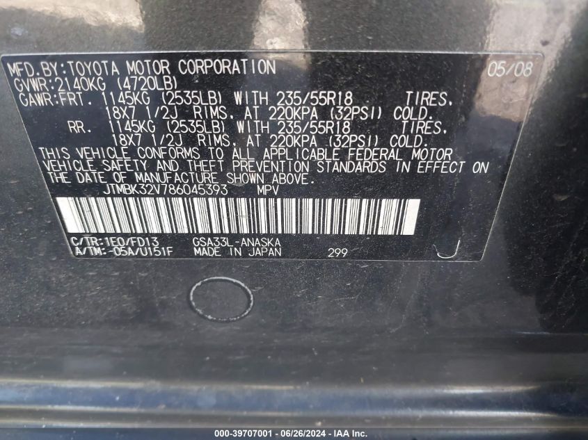 2008 Toyota Rav4 Sport VIN: JTMBK32V786045393 Lot: 39707001