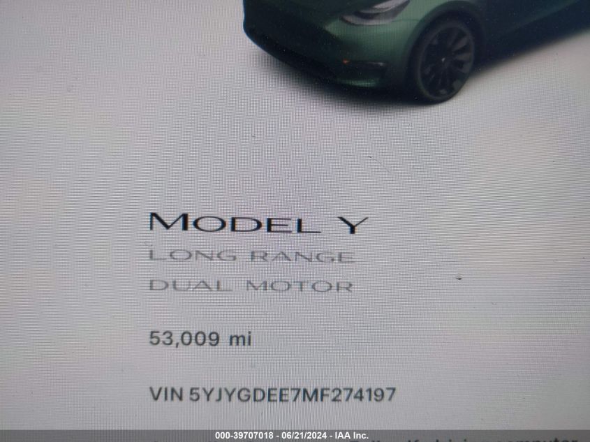 2021 Tesla Model Y Long Range Dual Motor All-Wheel Drive VIN: 5YJYGDEE7MF274197 Lot: 39707018