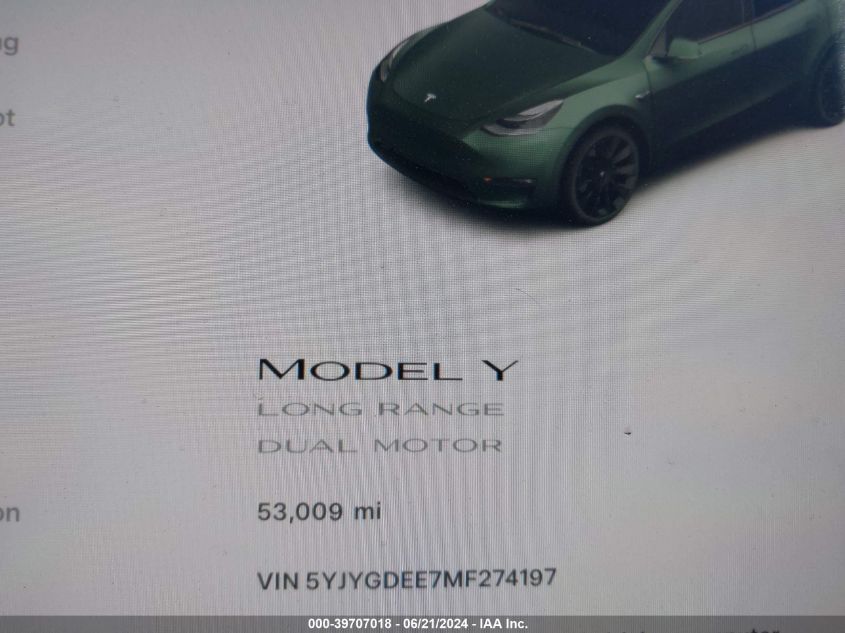 2021 Tesla Model Y Long Range Dual Motor All-Wheel Drive VIN: 5YJYGDEE7MF274197 Lot: 39707018