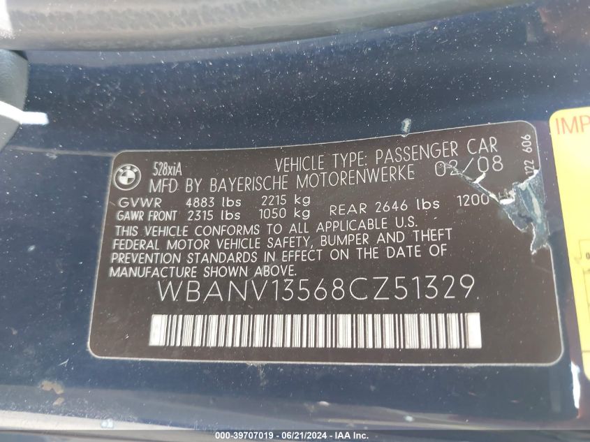 2008 BMW 528Xi VIN: WBANV13568CZ51329 Lot: 39707019