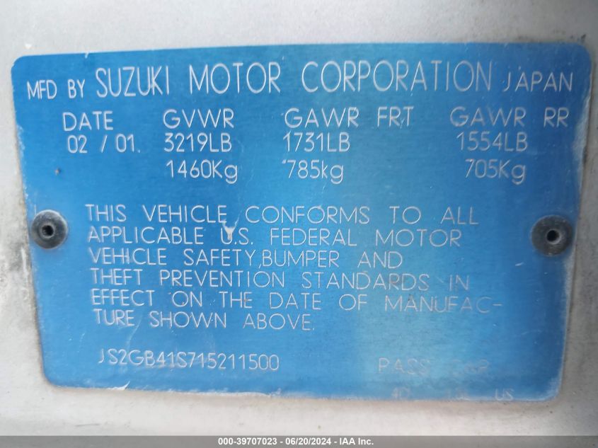 2001 Suzuki Esteem Gl/Glx/Glx+ VIN: JS2GB41S715211500 Lot: 39707023