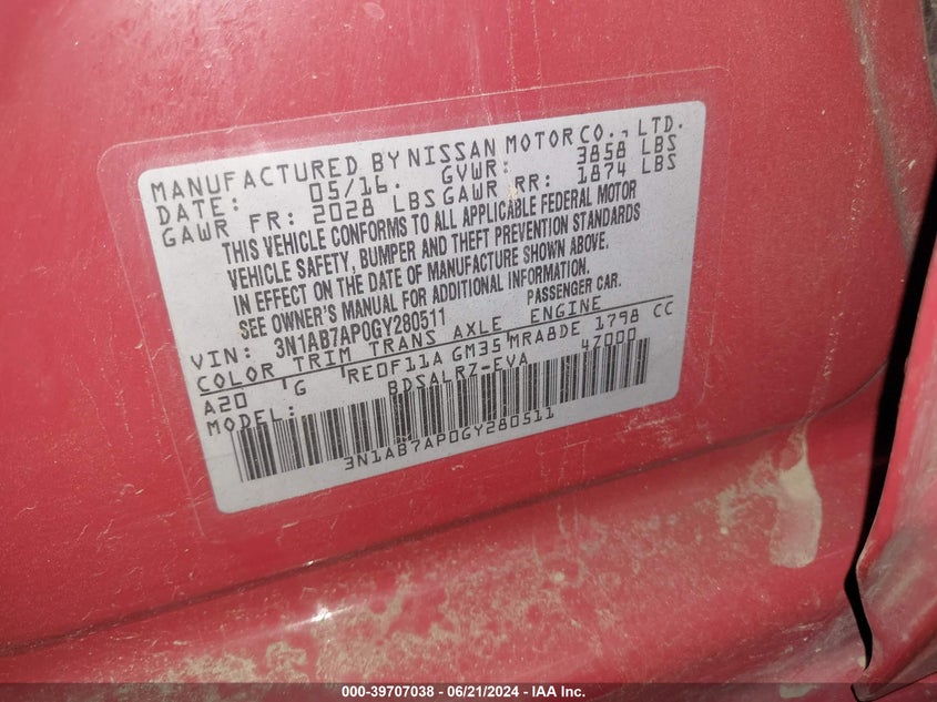 2016 Nissan Sentra Sr VIN: 3N1AB7AP0GY280511 Lot: 39707038