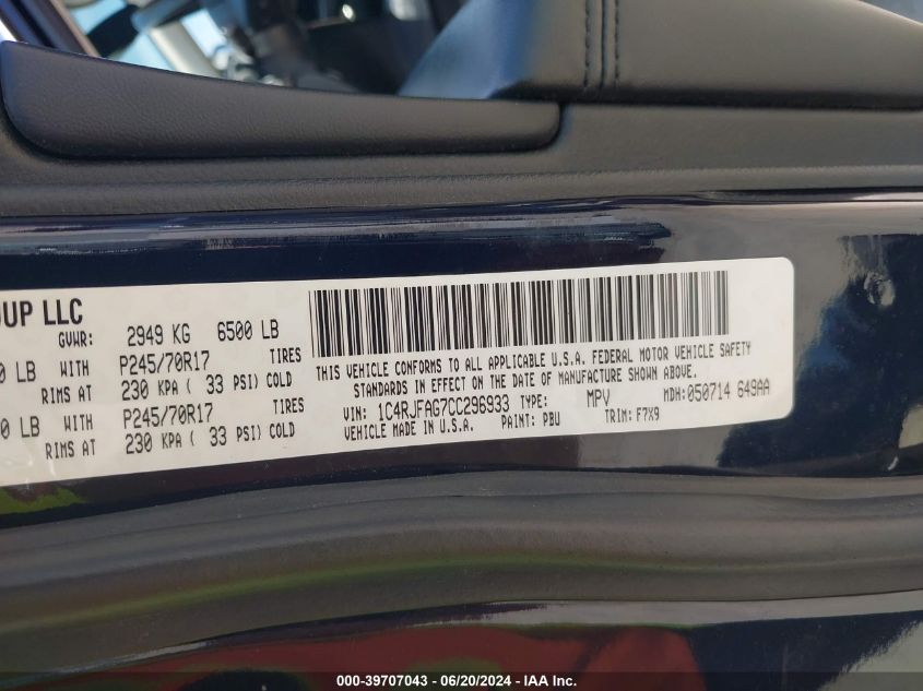 2012 Jeep Grand Cherokee Laredo VIN: 1C4RJFAG7CC296933 Lot: 39707043