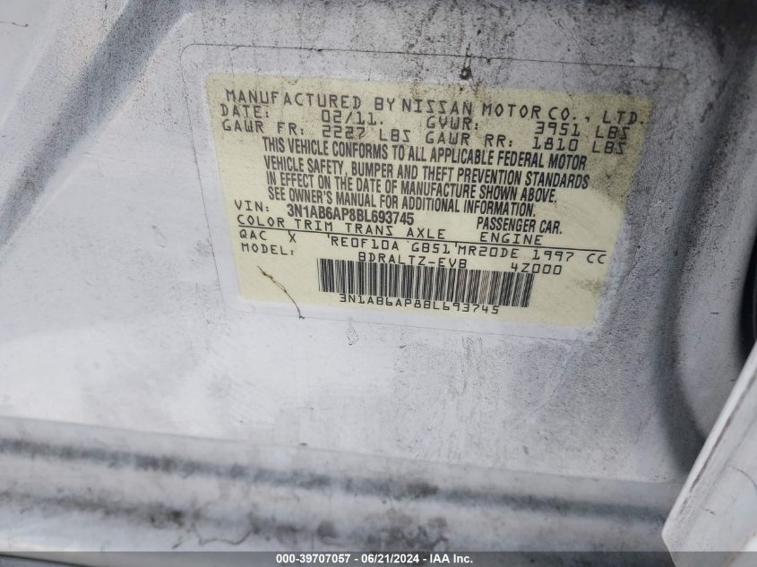 2011 Nissan Sentra 2.0Sr VIN: 3N1AB6AP8BL693745 Lot: 39707057