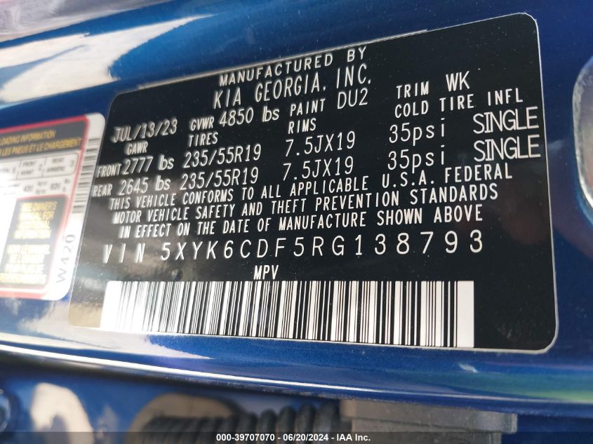 2024 Kia Sportage X-Line VIN: 5XYK6CDF5RG138793 Lot: 39707070