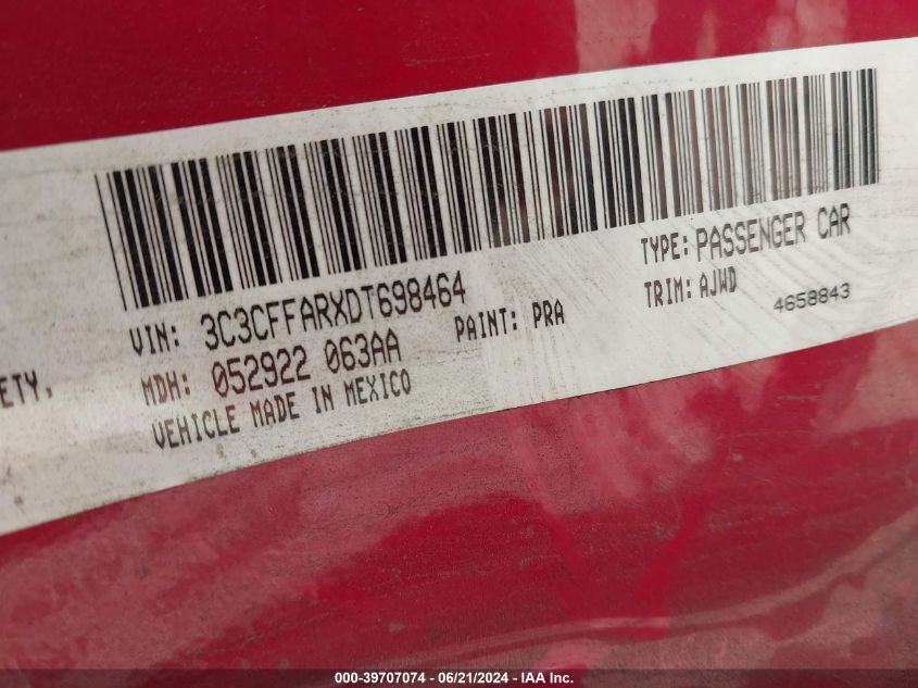 2013 Fiat 500 Pop VIN: 3C3CFFARXDT698464 Lot: 39707074