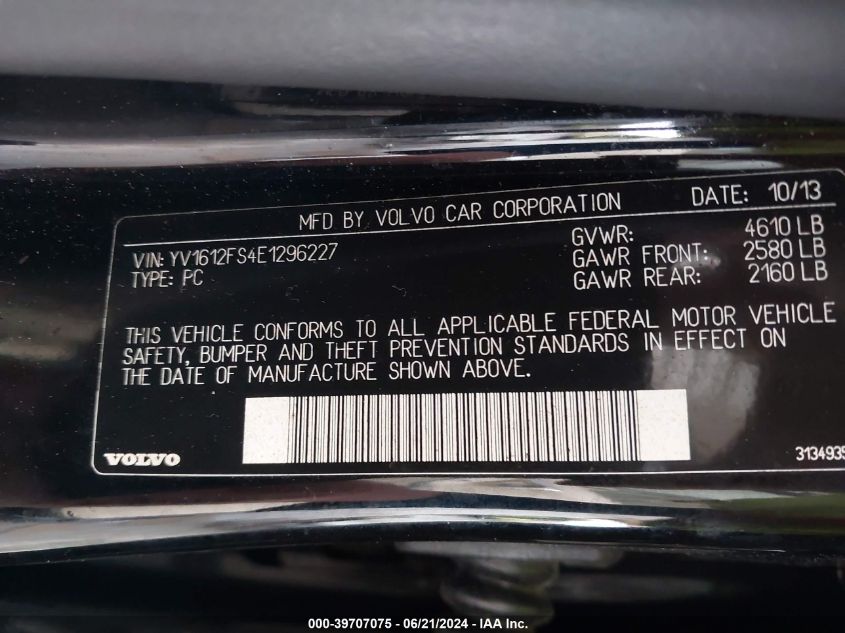 2014 Volvo S60 T5 VIN: YV1612FS4E1296227 Lot: 39707075