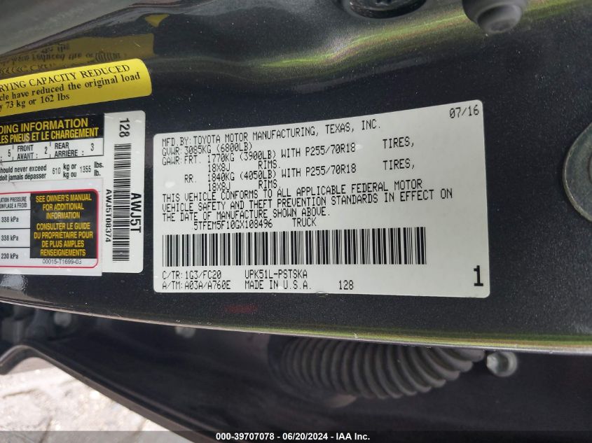 2016 Toyota Tundra Sr5 4.6L V8 VIN: 5TFEM5F10GX108496 Lot: 39707078