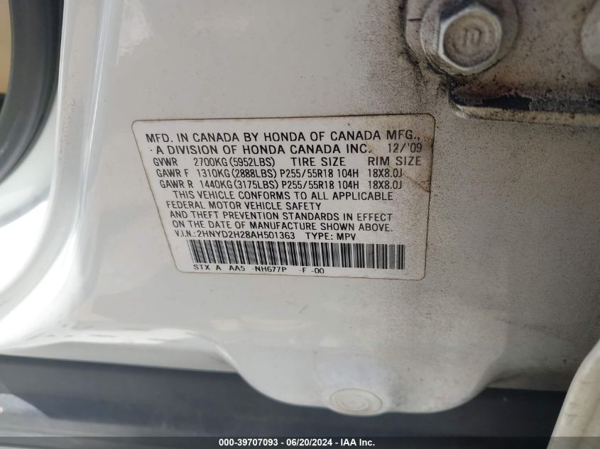 2010 Acura Mdx VIN: 2HNYD2H28AH501363 Lot: 39707093