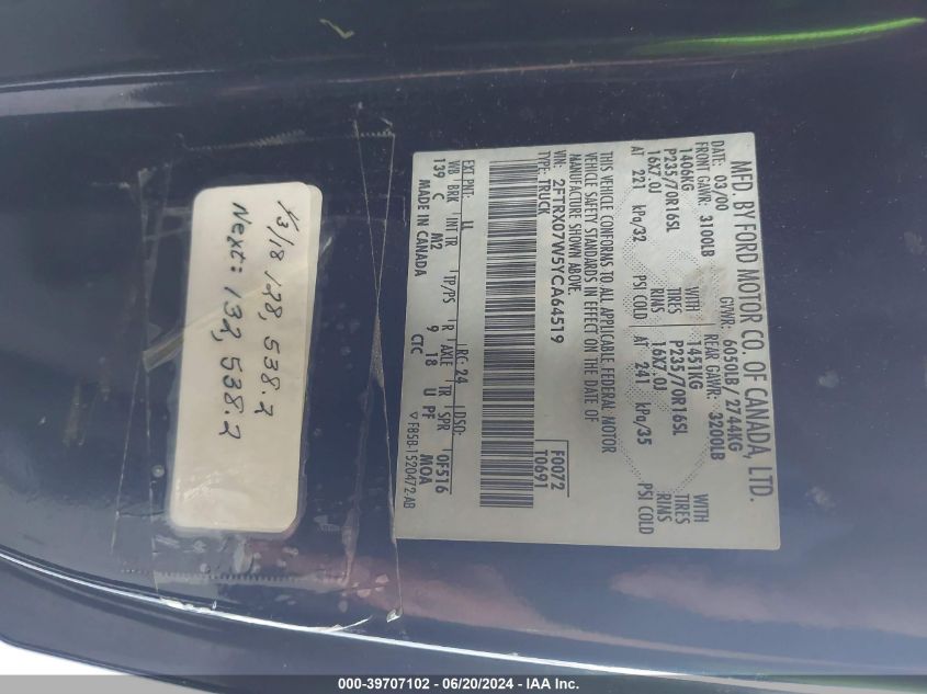 2000 Ford F150 VIN: 2FTRX07W5YCA64519 Lot: 39707102