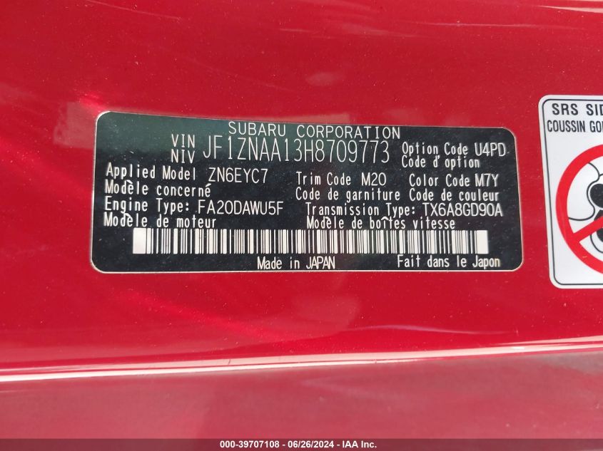 2017 Toyota 86 VIN: JF1ZNAA13H8709773 Lot: 39707108