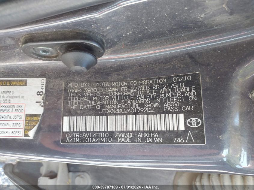 2010 Toyota Prius Iii VIN: JTDKN3DU2A0179202 Lot: 39707109