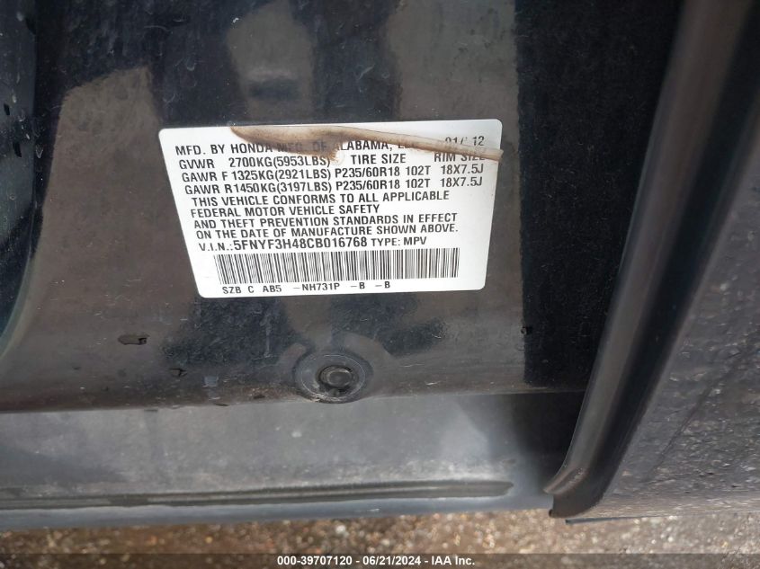 2012 Honda Pilot Ex VIN: 5FNYF3H48CB016768 Lot: 39707120