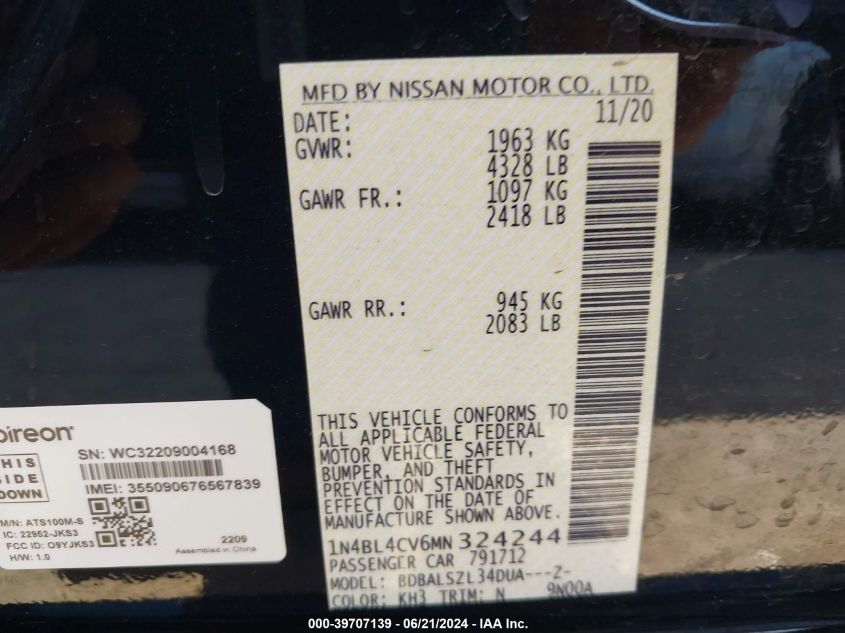 2021 Nissan Altima Sr VIN: 1N4BL4CV6MN324244 Lot: 39707139