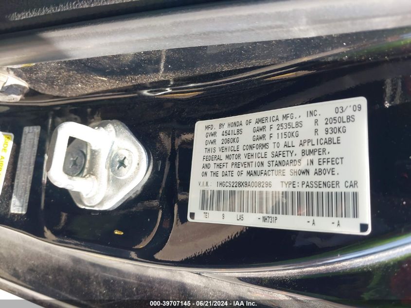 2009 Honda Accord 3.5 Ex-L VIN: 1HGCS228X9A008296 Lot: 39707145