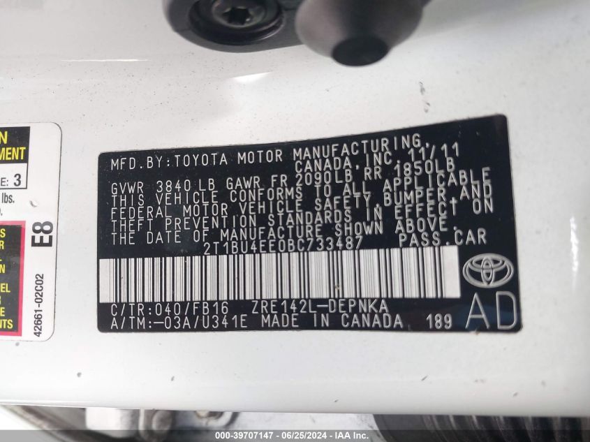 2011 Toyota Corolla Le VIN: 2T1BU4EE0BC733487 Lot: 39707147