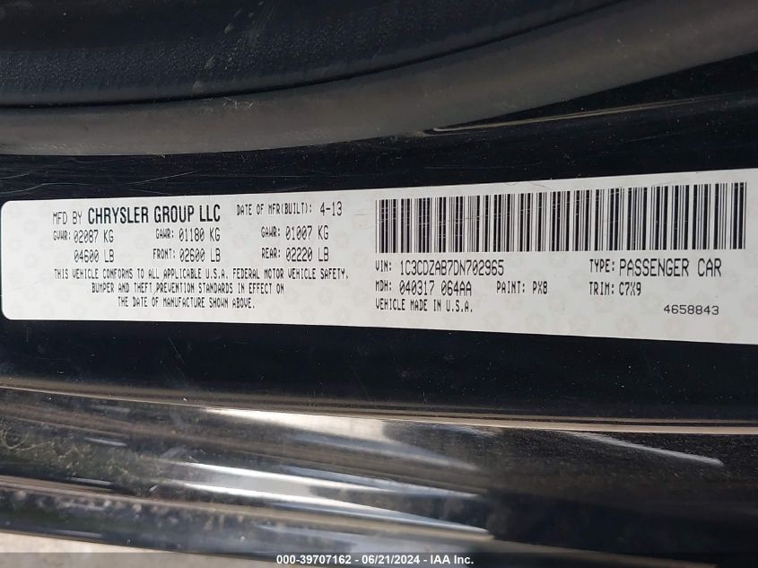 2013 Dodge Avenger Se VIN: 1C3CDZAB7DN702965 Lot: 39707162