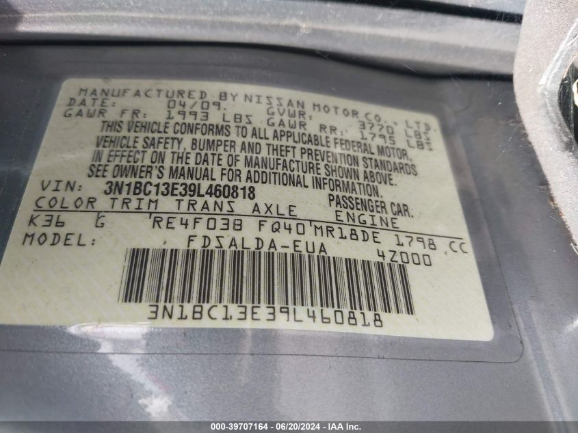 2009 Nissan Versa 1.8S VIN: 3N1BC13E39L460818 Lot: 39707164