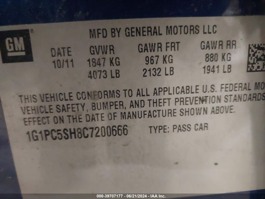 1G1PC5SH8C7200666 | 2012 CHEVROLET CRUZE