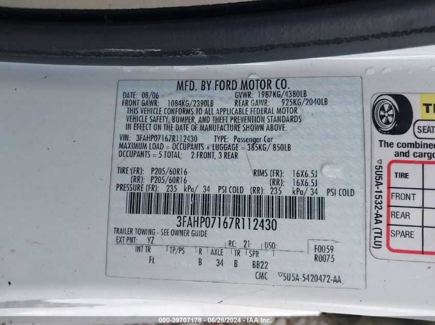 2007 Ford Fusion Se VIN: 3FAHP07167R112430 Lot: 39707178